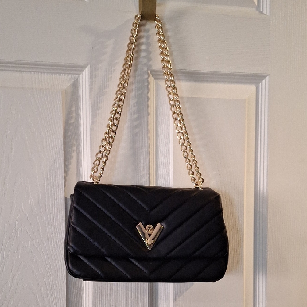 Valentino Orlandi Quilted Black Shoulder Crossbody Purse Gold Hardware